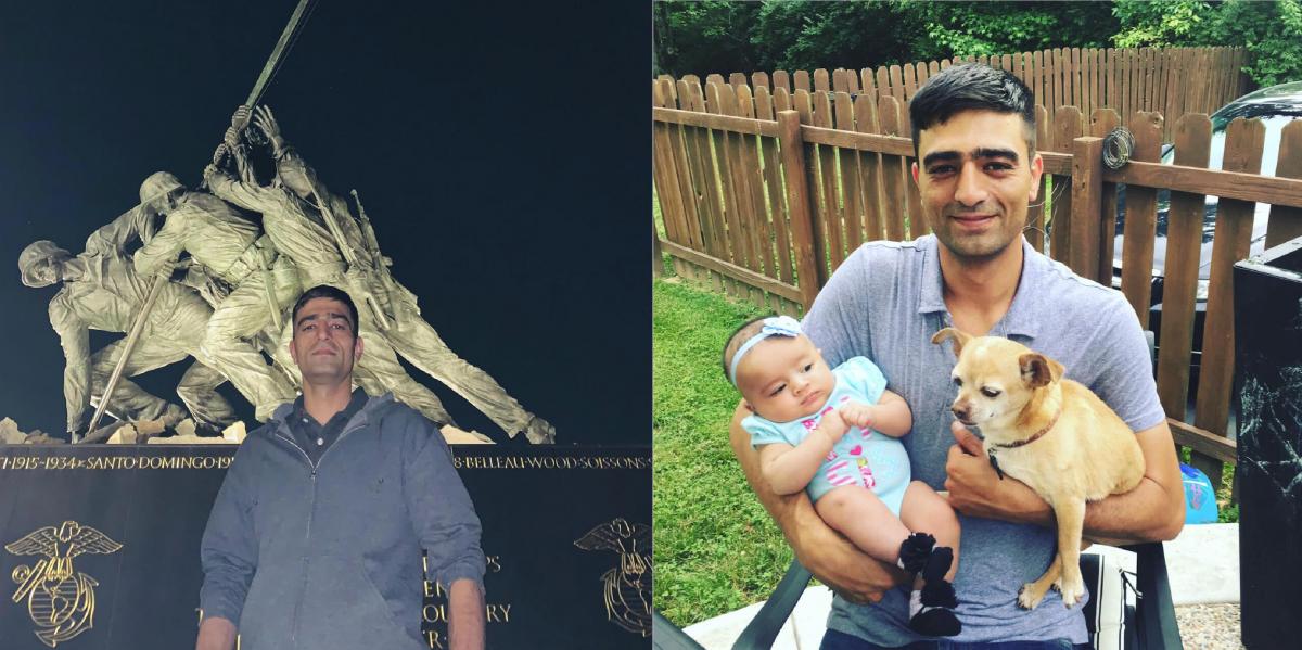 Left: Haseeb visiting Marine Corps War Memorial  |  Right: Haseeb with his daughter